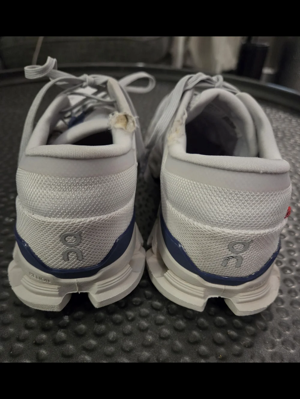 On Running Sneakers in Light Gray with Navy Tongue Accents
